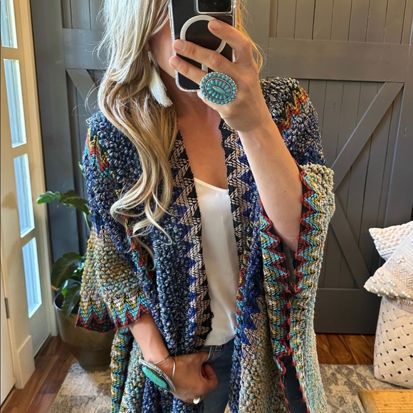 New Bohemian Loom Moroccan Knit Tasseled Blue Poncho Cardigan Sweater - Picture 2 of 11